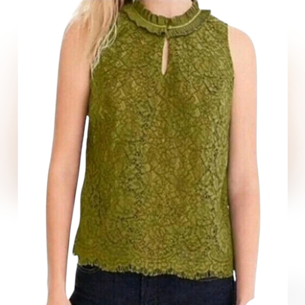 J.Crew Lace Ruffle Neck Top Moss Green Lined Sleeveless Keyhole Size TS Small